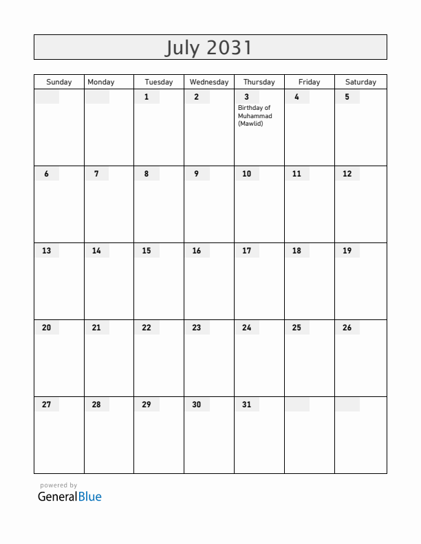 Togo July 2031 Calendar with Holidays