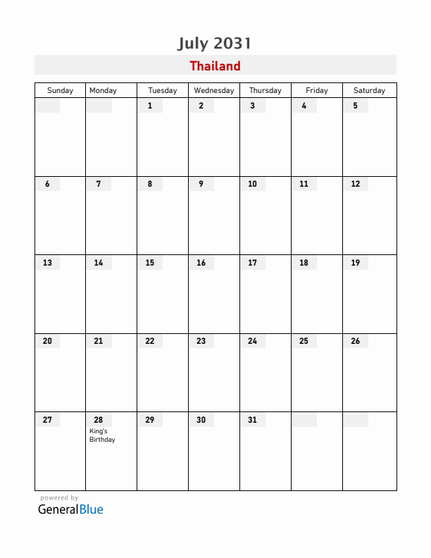 Thailand July 2031 Calendar with Holidays