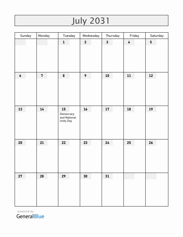 Turkey July 2031 Calendar with Holidays