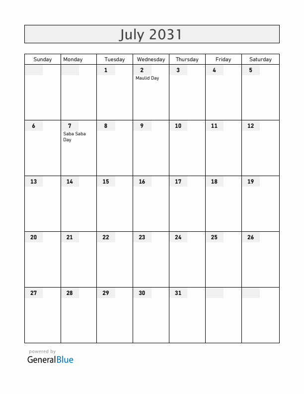 Tanzania July 2031 Calendar with Holidays