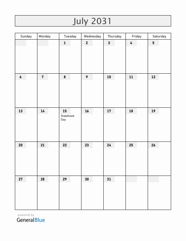 Ukraine July 2031 Calendar with Holidays