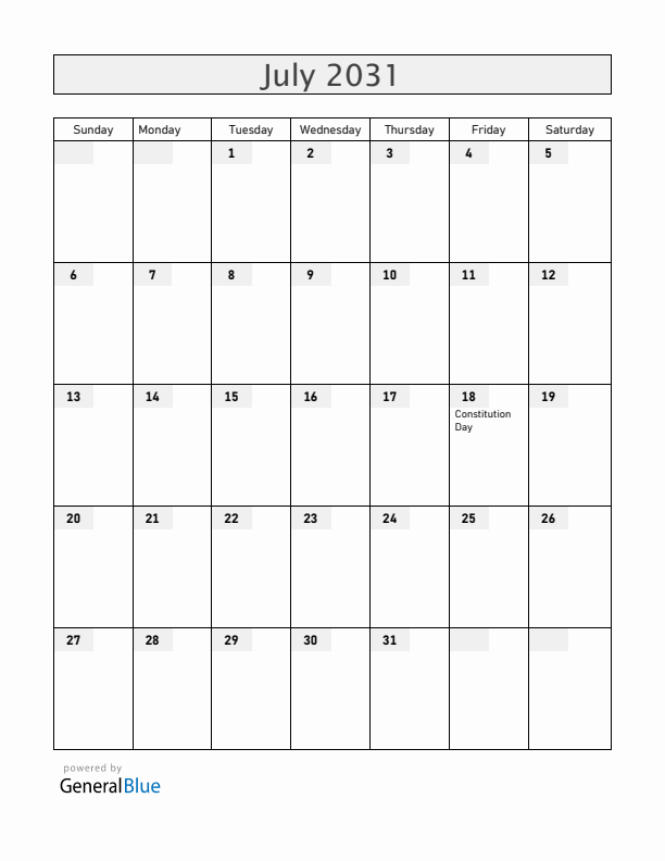 Uruguay July 2031 Calendar with Holidays