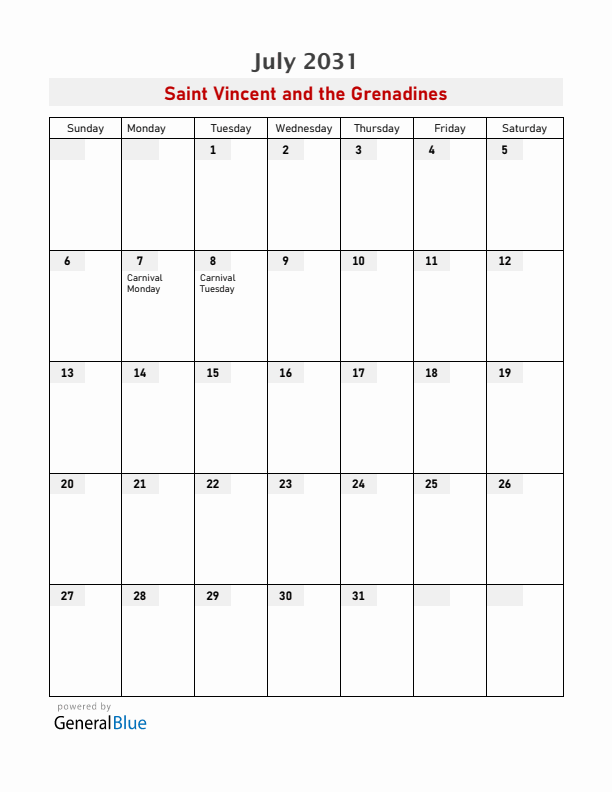 Saint Vincent and the Grenadines July 2031 Calendar with Holidays