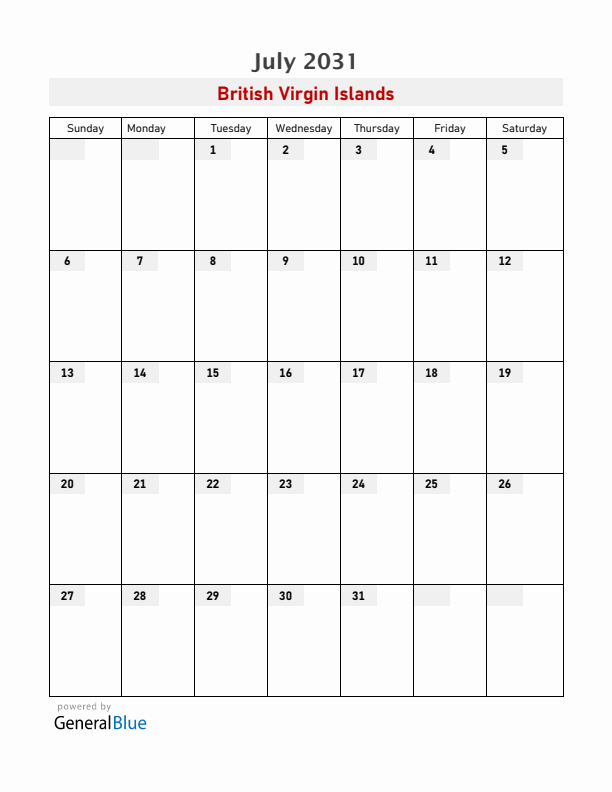 British Virgin Islands July 2031 Calendar with Holidays