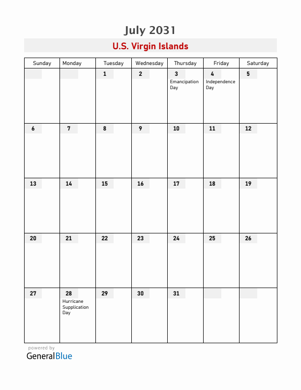 U.S. Virgin Islands July 2031 Calendar with Holidays