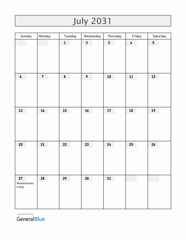 Vietnam July 2031 Calendar with Holidays