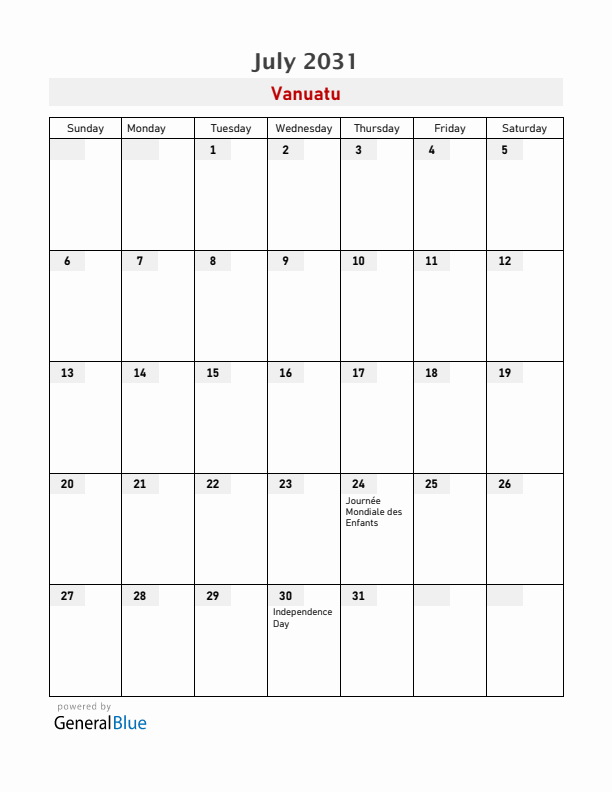 Vanuatu July 2031 Calendar with Holidays
