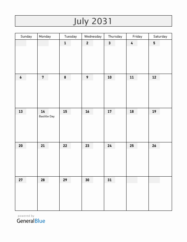 Mayotte July 2031 Calendar with Holidays