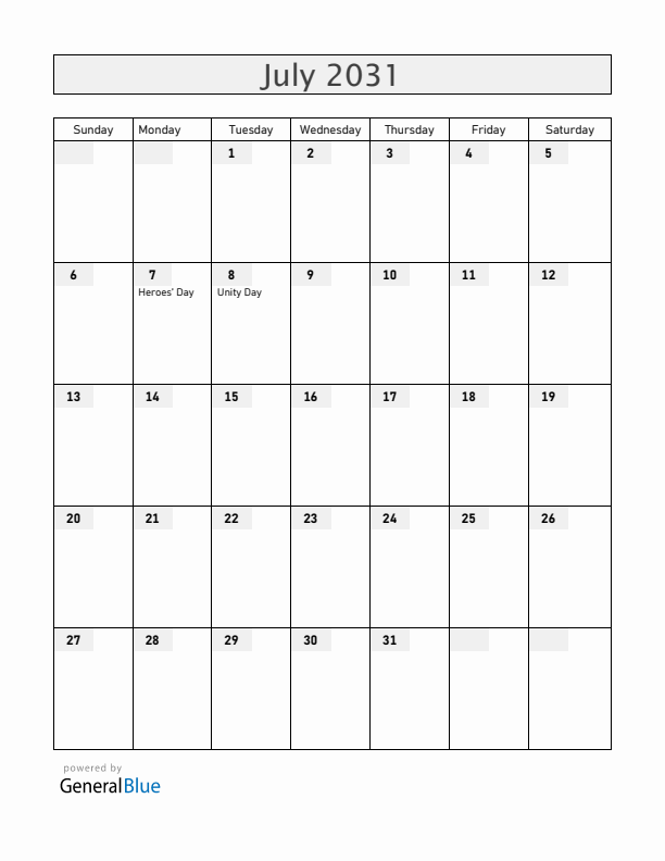 Zambia July 2031 Calendar with Holidays
