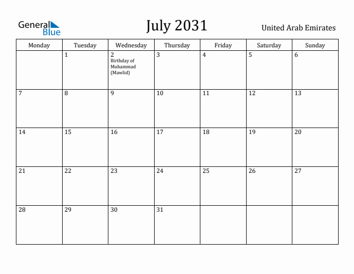 July 2031 Calendar United Arab Emirates