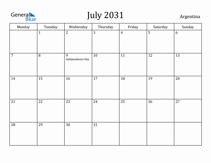 July 2031 Calendar Argentina