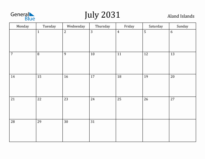 July 2031 Calendar Aland Islands