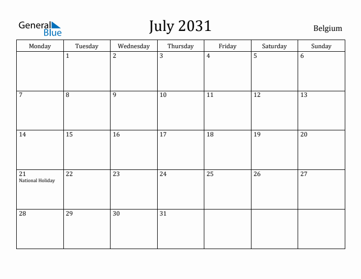 July 2031 Calendar Belgium