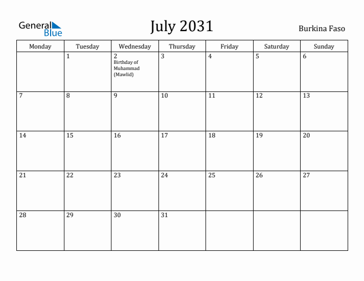 July 2031 Calendar Burkina Faso