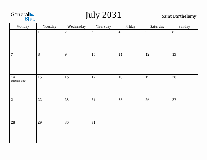 July 2031 Calendar Saint Barthelemy