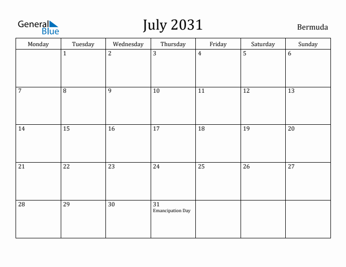 July 2031 Calendar Bermuda