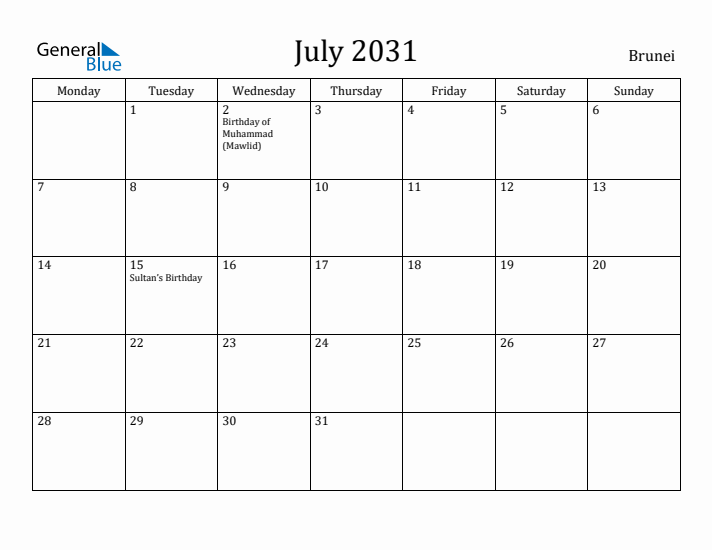 July 2031 Calendar Brunei