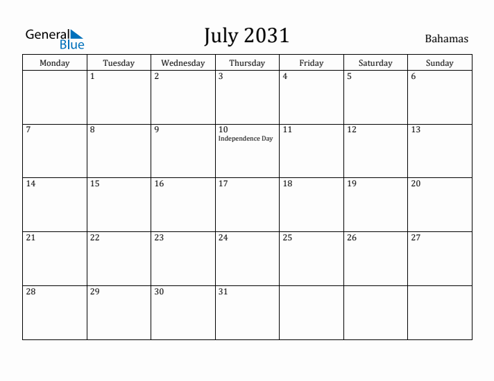 July 2031 Calendar Bahamas