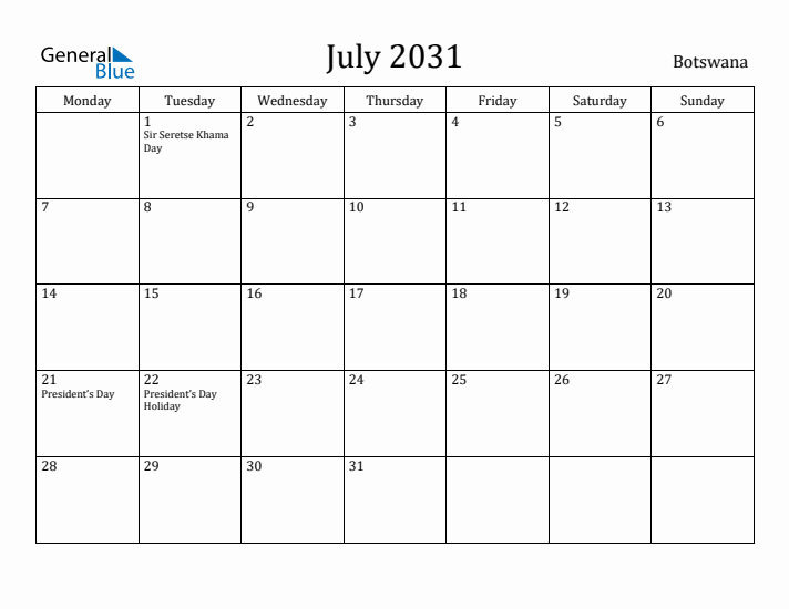 July 2031 Calendar Botswana