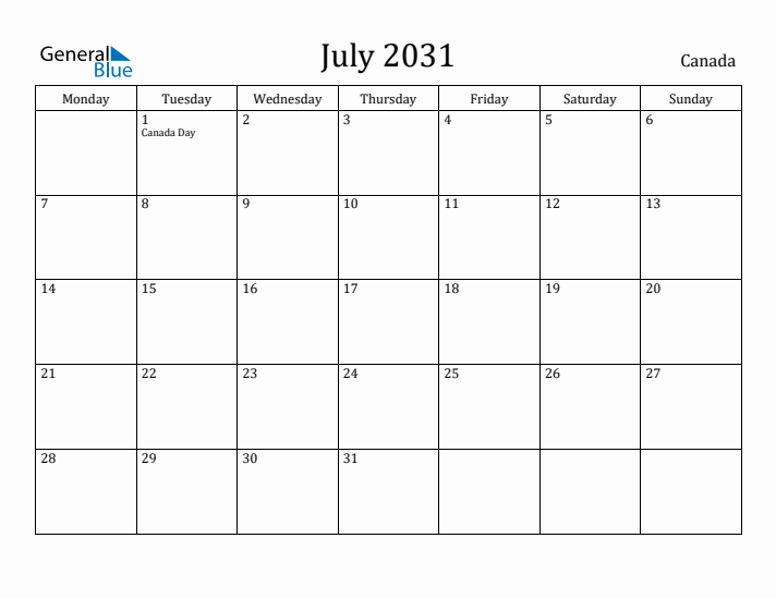 July 2031 Calendar Canada