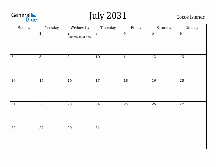 July 2031 Calendar Cocos Islands