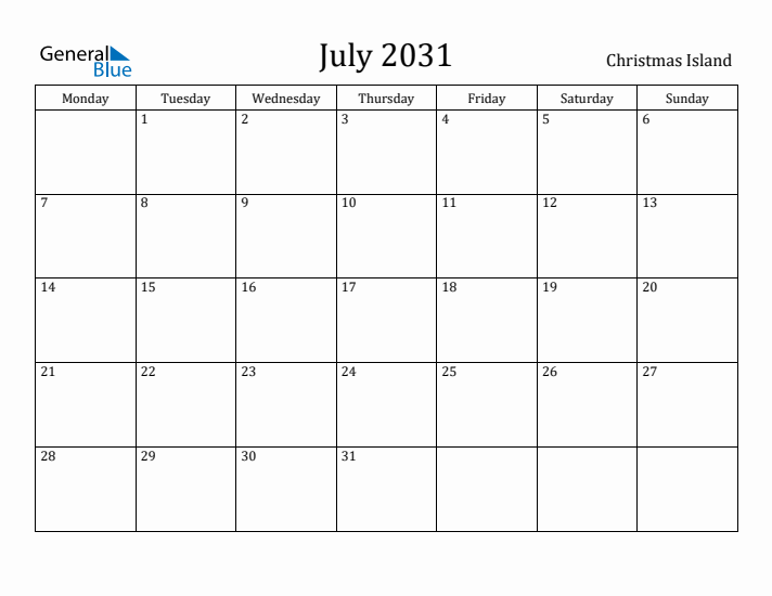 July 2031 Calendar Christmas Island