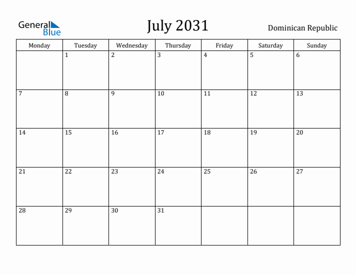 July 2031 Calendar Dominican Republic