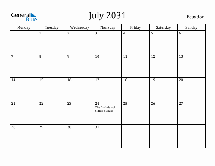 July 2031 Calendar Ecuador