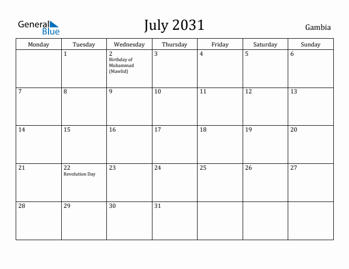July 2031 Calendar Gambia