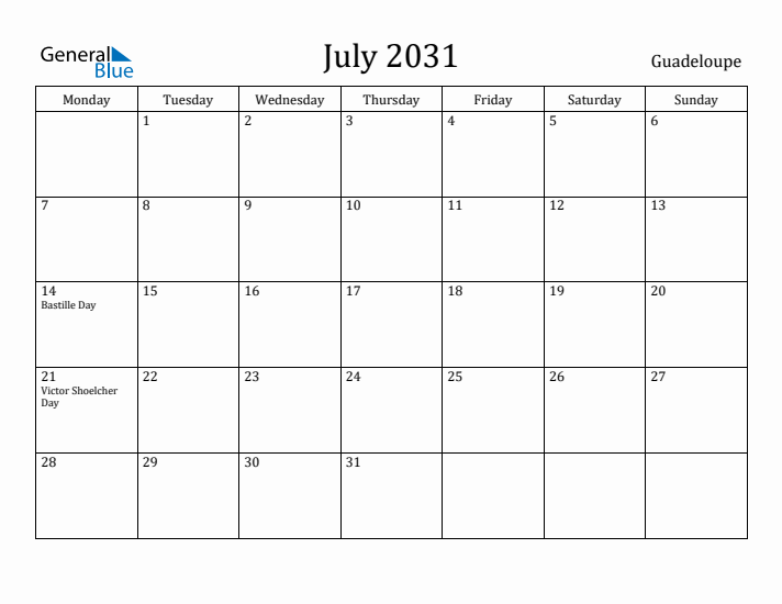 July 2031 Calendar Guadeloupe