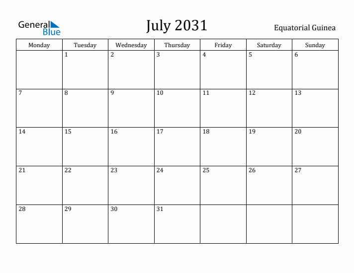 July 2031 Calendar Equatorial Guinea