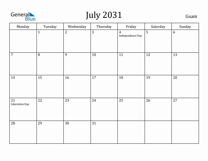 July 2031 Calendar Guam