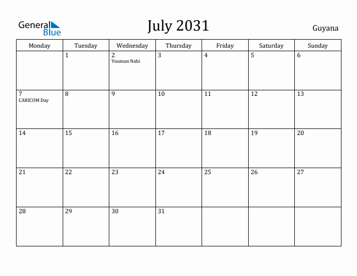 July 2031 Calendar Guyana
