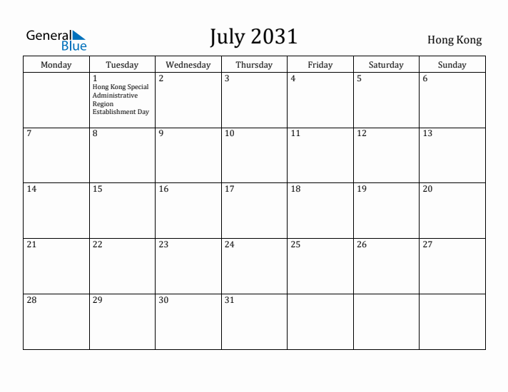 July 2031 Calendar Hong Kong