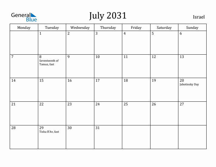 July 2031 Calendar Israel