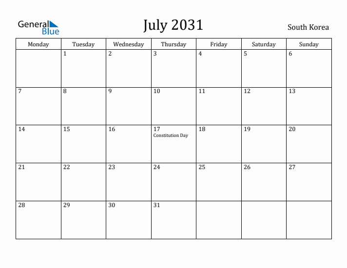 July 2031 Calendar South Korea