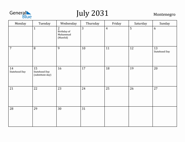 July 2031 Calendar Montenegro