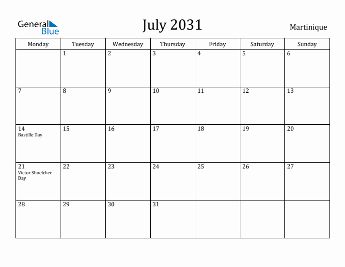 July 2031 Calendar Martinique