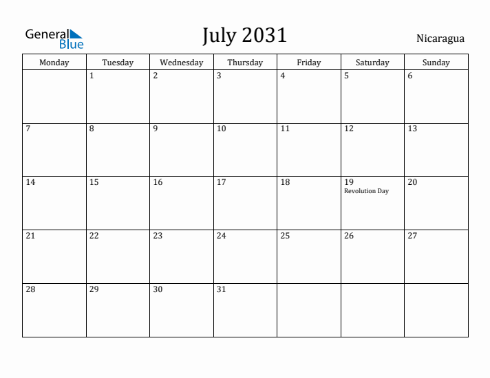 July 2031 Calendar Nicaragua