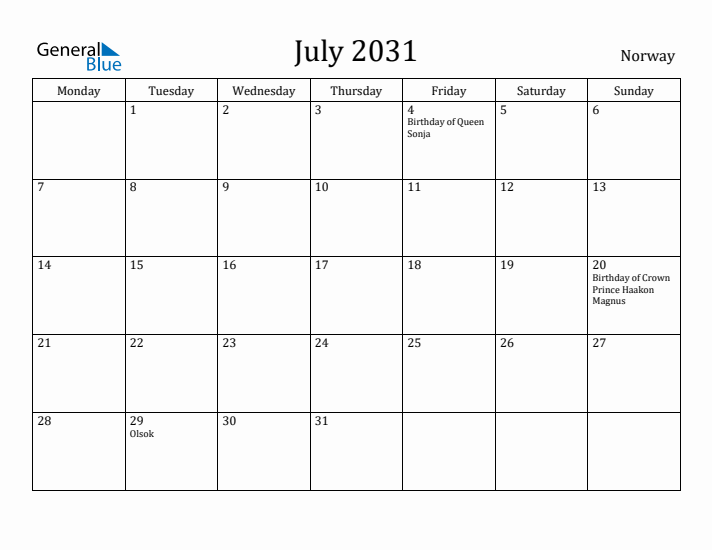 July 2031 Calendar Norway