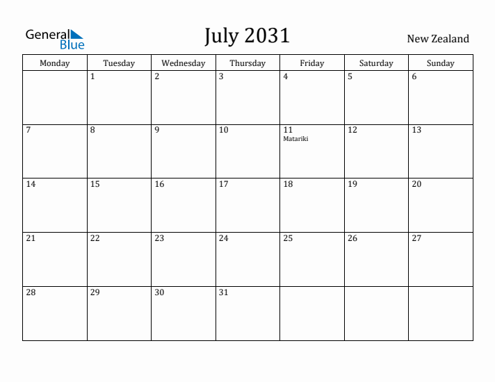 July 2031 Calendar New Zealand