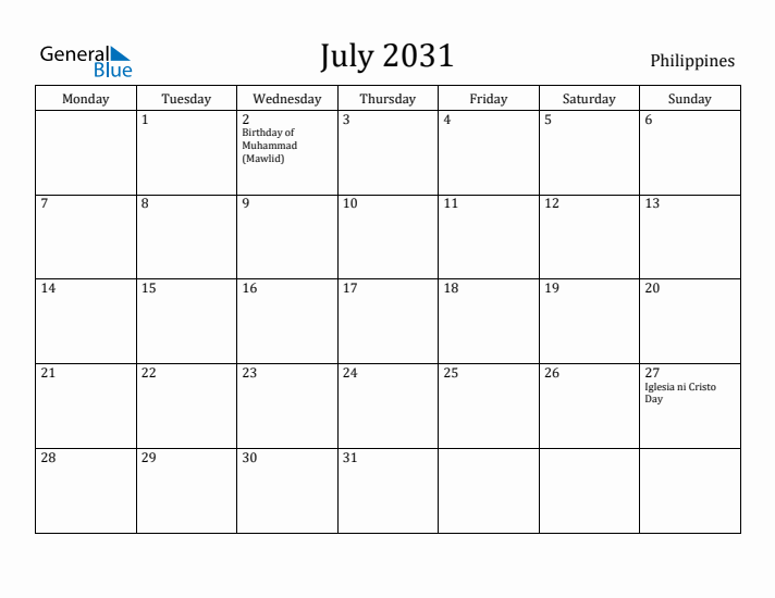 July 2031 Calendar Philippines