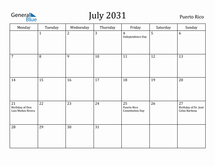 July 2031 Calendar Puerto Rico