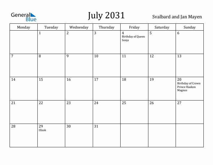 July 2031 Calendar Svalbard and Jan Mayen