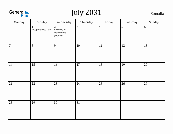 July 2031 Calendar Somalia