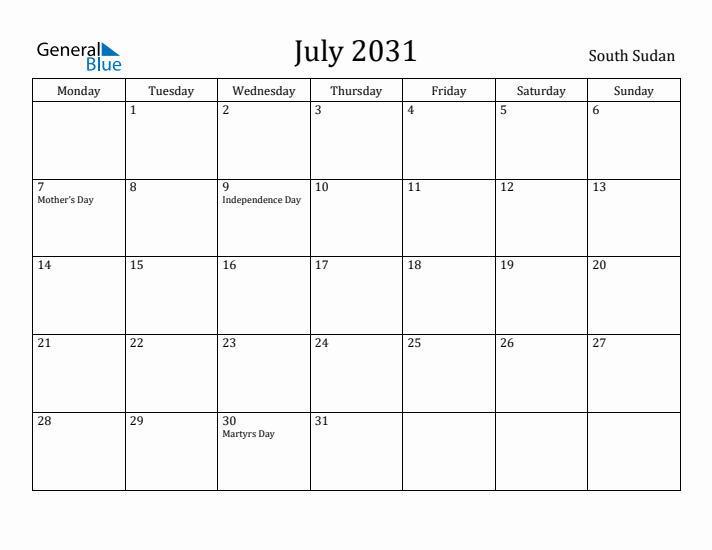 July 2031 Calendar South Sudan
