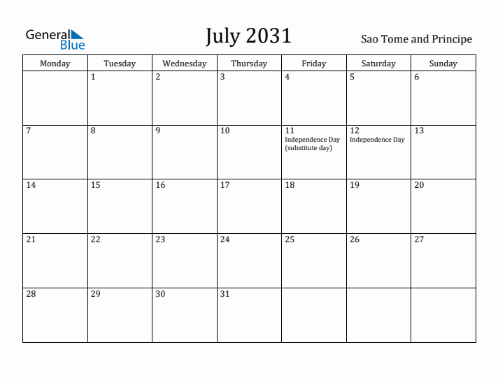 July 2031 Calendar Sao Tome and Principe