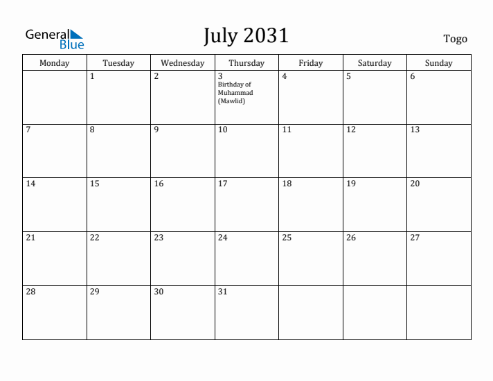July 2031 Calendar Togo