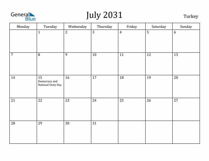 July 2031 Calendar Turkey