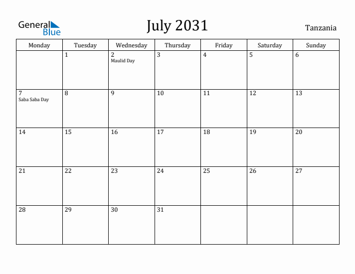 July 2031 Calendar Tanzania